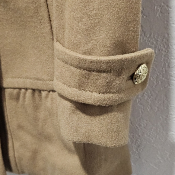 Women's Wool Blend Pea Coat Ruffle Hem Tan Khaki Camel Winter Coat XS - Picture 8 of 15